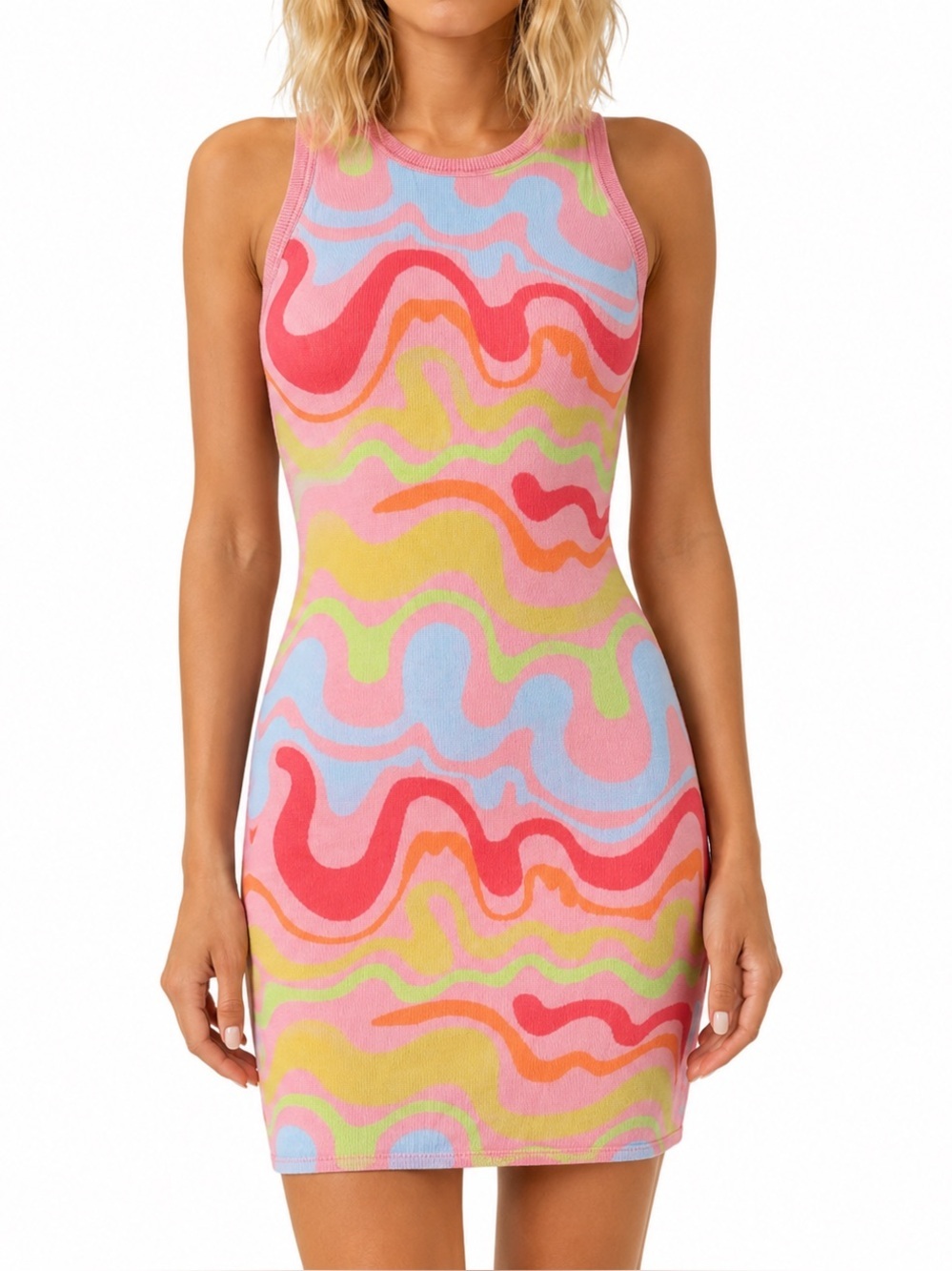 Nicole Miller Knit Psychedelic Colorful Wave Pattern Bodycon Sleeveless Dress XS